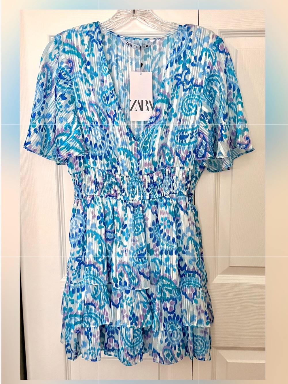 ZARA Metallic Thread Print Mini Lined Ruffle DRESS~Multi PAISLEY~NWT ~Size M